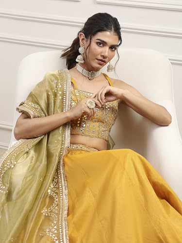 BIBA Women Yellow Cotton Zari Tissue Regular Lehenga Set_36
