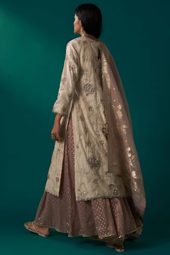 Wishful Women's Light Gold Heavy Embroidered Straight Tissue Chanderi Kurta with Culottes and Dupatta Set (SP12467-400321-L)