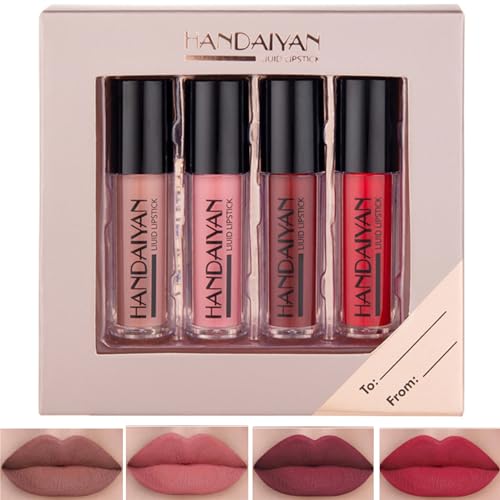 HANDAIYAN Glossy Liquid Lipstick Set - Long-Lasting Waterproof and Smudge Proof LipGloss Liquid Lipsticks for Women in 4 Vibrant Matte Shades - Perfect for Any Occasion! (SET 02 MATTE)