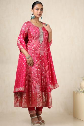 Soch Womens Fuchsia Brocade Bandhani Chudidar Set With Thread Work