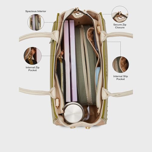 Caprese Donna Medium Satchel Bag for Women with Adjustable & Detachable Strap and Multiple Compartments | Versatile Shoulder, Crossbody & Handheld Bag for Work, Travel, and Everyday Use (Olive)