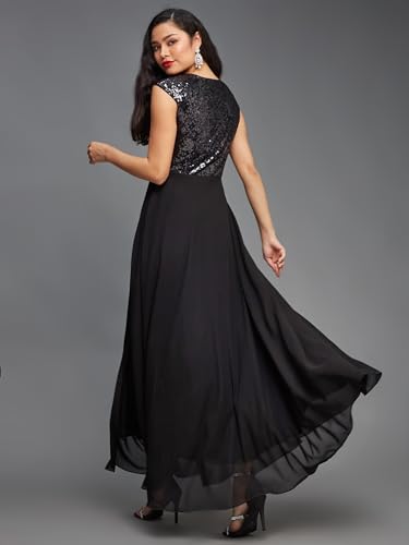 Miss Chase Women's V-Neck Cap Sleeved Solid Wrap Maxi Dress (MCAW22D99-88-62-04, Black, M)