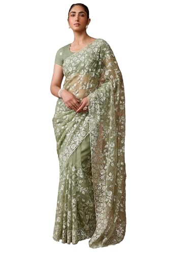 Soch Womens Sap Green Georgette Embroidered Saree