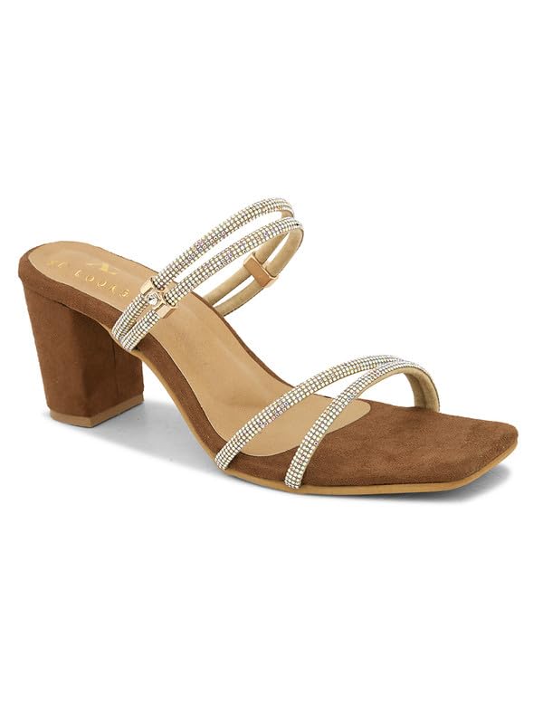 XE Looks Tan Fashion Sandals | Faux Leather Trendy and Stylish Block Heel | For Wedding Occasion 3 Inches Heel | For Women & Girls