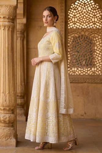 Aurelia Women's Powder Yellow Thread Embroidered Anarkali Kurta with Leggings and Dupatta Set - (AD10777-E609499-S)