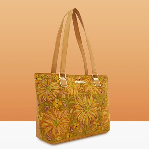 Caprese Siji Tresna Horizontal Medium Tote Bag for Women with Multiple Pockets | Kashida Embroidery Shoulder Bag | Fits Up to 15.6 Inch Laptop | Ideal for Work, Everyday Outings and Travel (Brown)