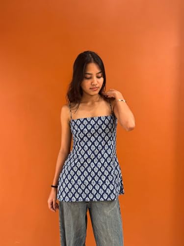 Nishorama Short Nihaala Women's Cotton Halter Neck Corset Kurti, Navy Blue Block Print, Sleeveless Backless Design with Criss-Cross Detail