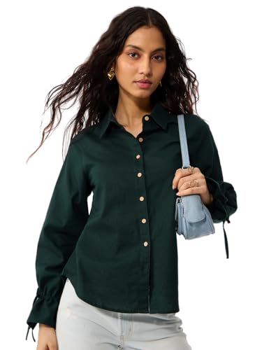 The Souled Store Myrtle Women and Girls Full Length Spread Collar Dark Green Solid Cotton Linen Regular Fit Breathable Lightweight All-Season Shirt for Casual