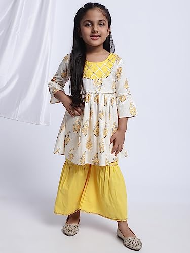 superminis Baby Girls Cotton Sanganeri Printed Kurti with Colorful Sharara Co-ord Set Dress (18-24 Months, Yellow)
