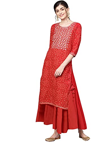 Ishin Women's Cotton Regular Kurta (KpramMp-956_M_Red_Medium)