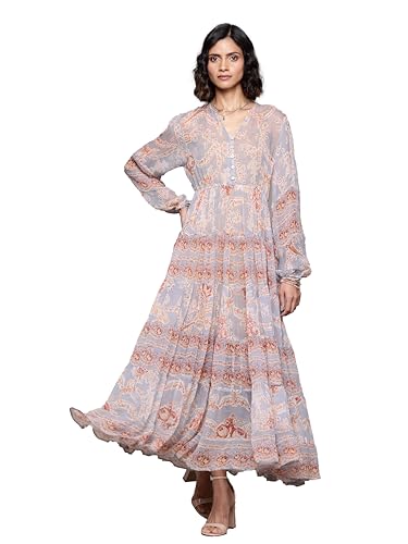 Label RITU KUMAR V Neck Full Sleeves Printed Long Dress Blue