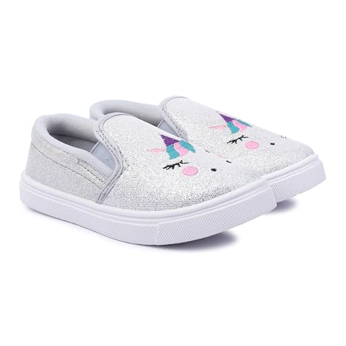 Myau Girls' Glitter Embroidery Design Slip-On Shoes, Casual Sneakers for 3-8 Years (Silver, UK Footwear Size System, Little Kid, Women, Numeric, Medium, 12)