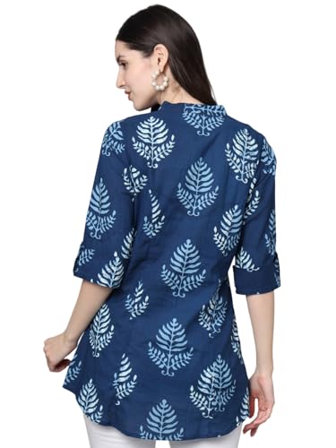 Divena Womens Cotton Floral Print Shirt Style Top (Blue_2XL)