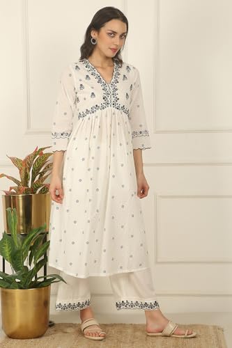 W for Woman White Printed Thread Embroidered Chanderi Kurta, Pants and Kota Dupatta (Size: S)-WS12713-125553