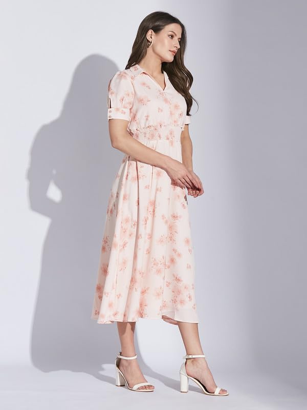 Latin Quarters Women Pink Shirt Collar Half Sleeve Floral Dress_M