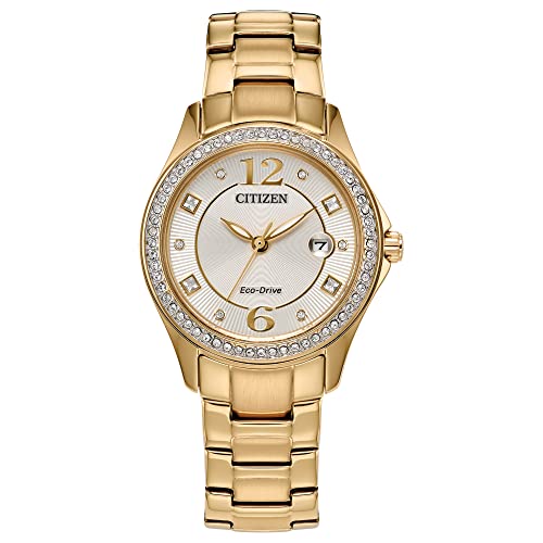 Citizen Stainless Steel Women's Ladies' Classic Silhouette Crystal Eco-Drive Analog Watch, 3-Hand Date, Luminous Hands, Gold-Tone And Champagne, Bracelet, Band_ Golden, Dial_ White