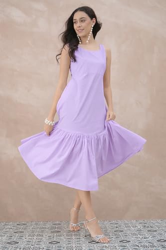GulaboSitabo Women’s Pure Cotton Corset Dress | Sleeveless, Scoop Neck, Fitted Waist, Gathered Hem, Calf Length | Stylish Trendy Summer Western Dress for Women | Party Holiday Lavender