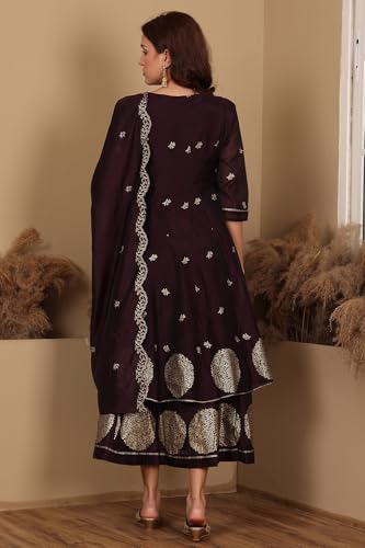 W for Woman Purple Floral Printed Dori Embroidered Chanderi Flared Kurta with Mock Layer and Dupatta Set (Size: XS)-24AUWS11194-124358