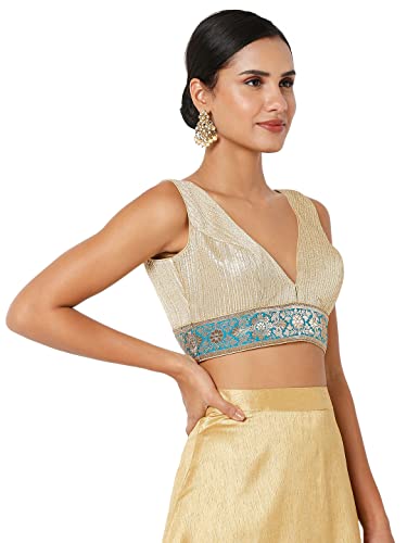S SALWAR STUDIO Women's Gold & Blue Banarasi Self Design Readymade Saree Blouse-SSB4170-GOLD
