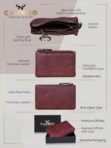 Calfnero Women's Genuine Leather Wallet-Long Purse Wallet, Zip Pocket and Note Compartments (Brown)