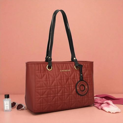 Caprese Aimee Medium Quilted Faux Leather Tote Bag for Women | Multi-Compartment Zippered Shoulder Handbag with Detachable Charm | Perfect for Work, Travel & Shopping (Intense Rust)