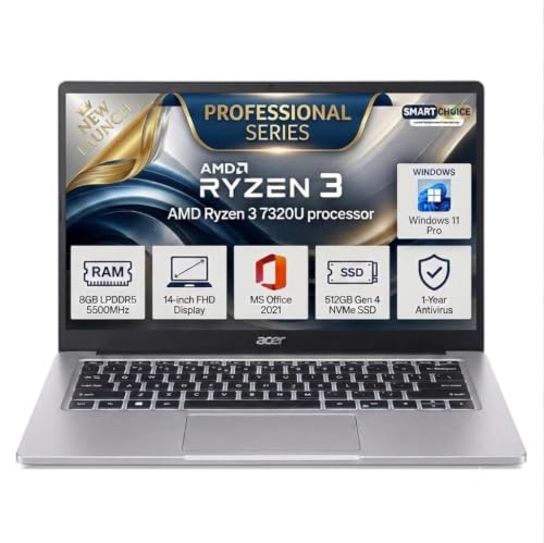 Acer One 14 Smartchoice Business, AMD Ryzen 3-7320U, 14 inch | 8GB DDR5 RAM 5500 Mhz, 512GB SSD New Gen, Windows 11 Pro, Ms office 21, Antivrus, 1.48KG, Professional Thin and Light Laptop