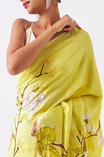 Taneira Women Light Green Silk Hand Painted Saree with Hand Embroidery Highlights Accentuating The Motifs (SHH07I00003-Light Green)