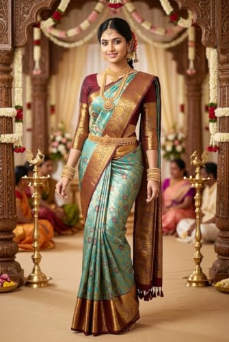 VFCollections Women's Traditional Handloom Kanchipuram Silk Pure Pattu Sarees | Rich Height Butta | Multilayer border (VFC689-5)