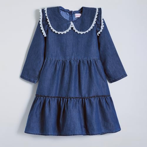 Hopscotch Girls Blue Full Sleeves Lace Trim Denim Dress for Age (6-7 Years)