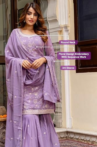 TRENDMALLS Women's Art Silk Embroidery Kurta Sharara Set with Dupatta (G313-LightPurple-XXL)