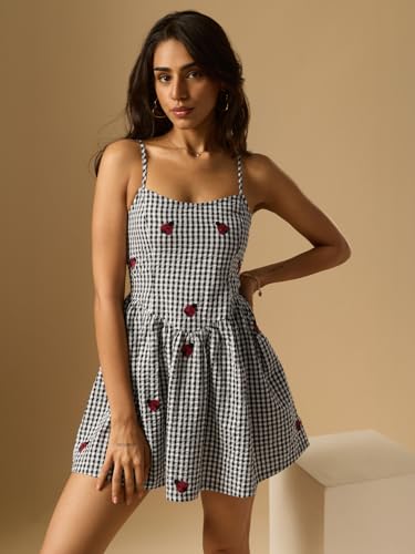 The Souled Store Gingham Dress: Ladybug Women and Girls Sleeveless Square Neck Black White and Red Embroidered Cotton Fit and Flare Smocked Back Casual Summer Everyday Comfortable Trendy Mini Dresses