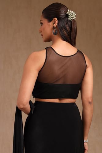 Soch Womens Black Nylon Blend Solid Ready To Wear Saree With Beads And Stones