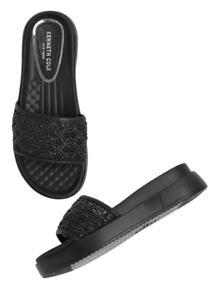 KENNETH COLE Women's Flatform Slide Sandal | Synthetic | Woven Strap, Open Toe | Black, UK9