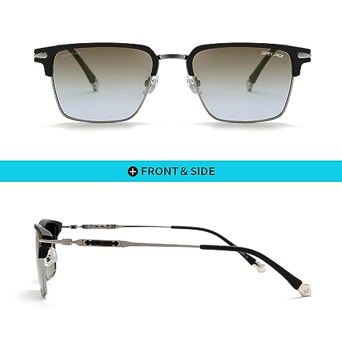 grey jack Half Frame Sunglasses,Stylish Square Shape Polarized Shades for Men Women 2040 Black Silver/Light Brown