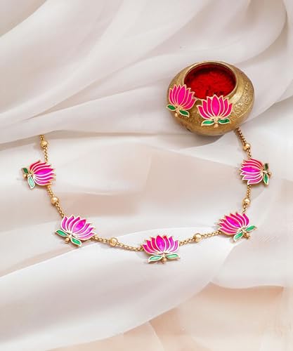 Mansiyaorange Pink & Green South Indian Temple Lotus Motif 18 K Gold-Plated Enamelled Ethnic Traditional Choker Neckalce & Earring Jewellery Set