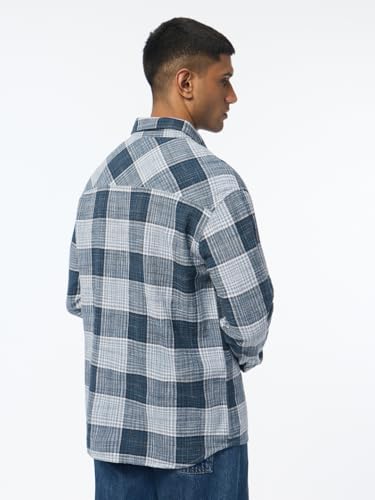 The Souled Store Crinkled Shirt: Cerulean Men and Boys Long Sleeve Button Down Collar Blue Plaid Lightweight Everday Office Wear Easy to Style Relaxed Fit Casual Cotton Shirt