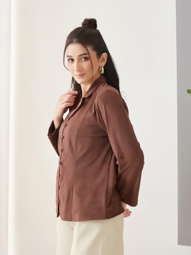 Latin Quarters Women Brown Solid Full Sleeves Casual Shirt_M