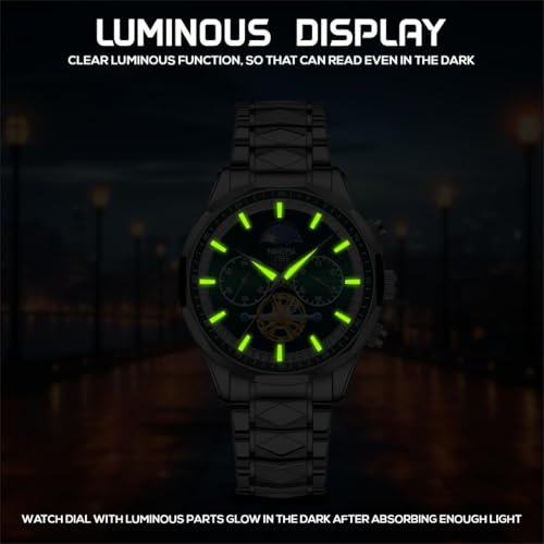NIBOSI Chronograph Fly Wheel Watch For Men Analog Quartz Dress Diamond Business Stainless Steel Watches Date Luxury Men's Wristwatch|Birthday Gift For Men|Gift For Husband,Brother (Silver-Green)
