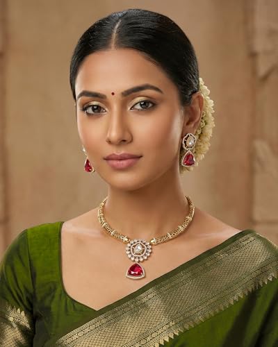 ZYRA JEWELS Micro Gold Plated Floral Necklace Set with American Diamond, Zircon & Moissanite Stones | Party Bling Luxury Designer Jewelry for Women & Girls (Ruby Red)