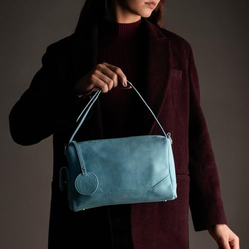 Theater Bonbon Sky Blue Vegan Leather Crossbody Duffle Bag for Women Structured Shoulder Handbag with Adjustable and Detachable Strap