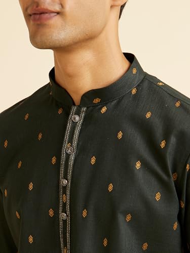 Manyavar Men's Cotton Printed Short Kurta (Green,L)