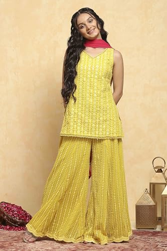 Biba Girls Yellow Polyester Dyed Straight Sharara Suit Set_16-17Y