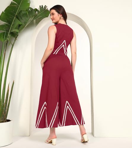 DEEBACO Women's Solid Lycra Ankle Length Waist Coat with Palazzo|Cord Set for Women Fashion|Long Jumpsuits Western Dress for Women Stylish|Two Piece Co ord Set|Casual Wear(DBCO00002277_M_Maroon)