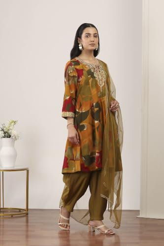 Rangriti Viscose Polyester Printed A-Line Festive Kurta With Salwar And Dupatta