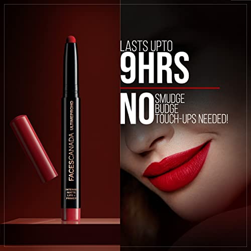 FACES CANADA Ultime Pro HD Intense Matte Lipstick + Primer - Chestnut (Red), 1.4g | 9HR Long Stay | Flawless HD Matte Finish | Intense Color | Lightweight | Smooth Glide | Primer Infused