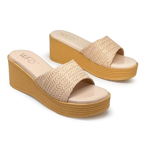 WFS Women’s Black 2.5 Inch Wedge Heel Slip-On Fashion Sandals – Shimmer Finish (Cream, UK Footwear Size System, Adult, Women, Numeric, Medium, 6)