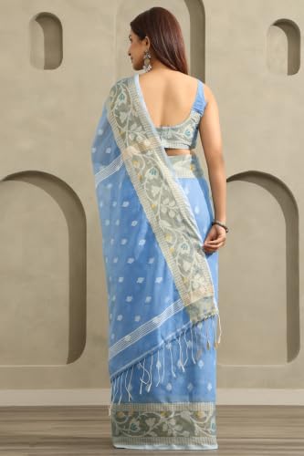 Soch Womens Light Blue Cotton Jamdani Woven Saree