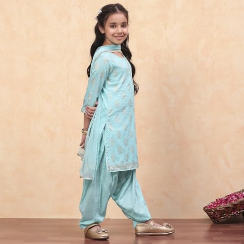 Biba Girls Printed Straight Cotton Kid (Kw2953_Turquoise_13, Suit Set)