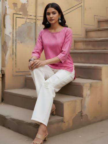 Dora Dori Women Cotton Striped Kurti | Round Neck 3/4 Sleeve Corset Back Tie-Up Detail Lace Detailing | Pink Short Kurti for Women | Casual, Office & Daily Ethnic Wear