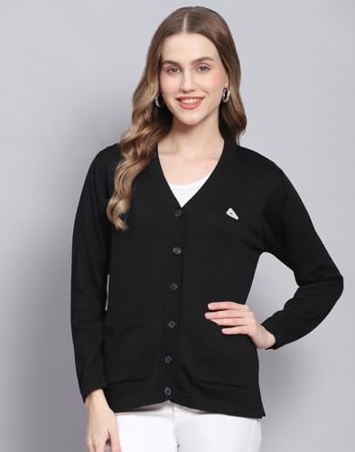 Monte Carlo Black Solid V Neck Sweater |Solid Pattern with Button Closure | Full Sleeve Cardigan for Women's